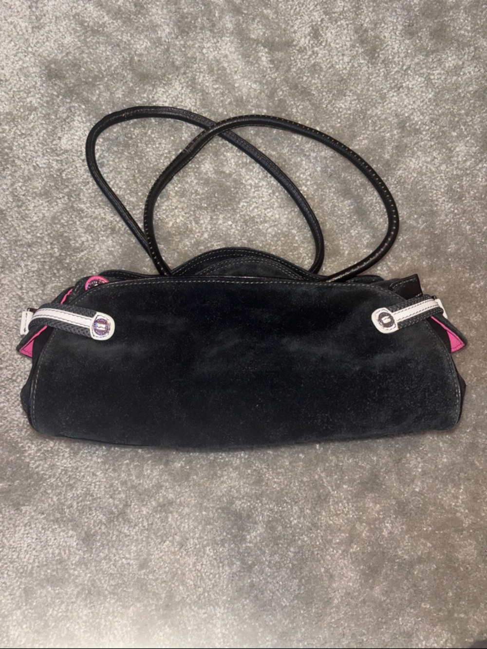 Cole Haan Black Suede Shoulder Bag with Pink Accents and Silver Hardware
